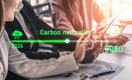 Carbon neutrality timeline illustrates carbon, neutrality, and reduction targets from 2024 to 2050 to support global sustainability and green initiatives Vouchの写真素材
