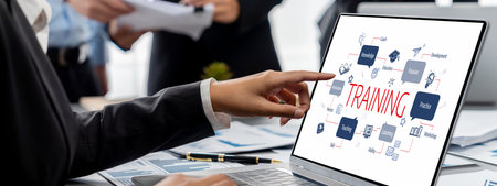 Business intelligence and data analysis concept. Analyst team working on financial data analysis dashboard on laptop screen as marketing indication for effective business strategic planning. Insightの写真素材