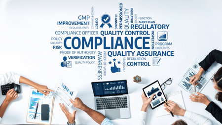A corporate team collaborates in a meeting focused on compliance, quality control, and risk...