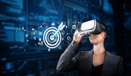 A businesswoman explores online marketing strategies using virtual reality glasses, showcasing...