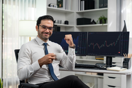 Profile of successful in trader businessman looking at camera with two stock exchange investment...