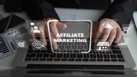 Affiliate marketing connects brands and marketers. Marketing through affiliate links drives sales. Affiliate programs reward. Digital marketing and affiliate strategies boost online revenue. Muxerの写真素材