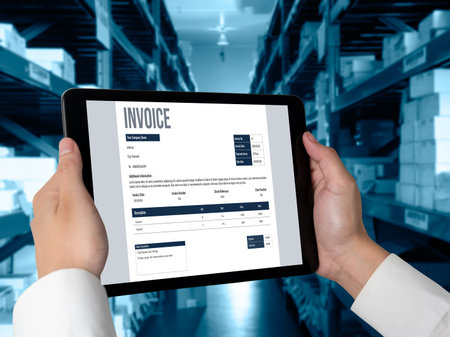 Invoice on computer screen from accounting application. Computer program for financial and budget of corporate business. Snugly.の写真素材