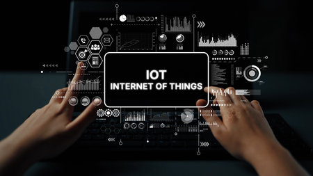Hands Interacting with Digital Interface Displaying IoT and Data Analytics Concepts for Internet of...