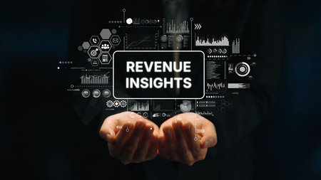Hands Holding Data Visuals Representing Revenue Insights and Business Analytics for Financial Growth. Asymptotic smart data analytic.の写真素材
