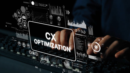Hands on Keyboard Engaged in Customer Experience Optimization with Digital Interfaces and Graphical Elements. Asymptotic smart data analytic.の写真素材