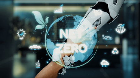 A visual representation of a robotic arm performing a symbolic handshake with a digital globe, highlighting the importance of achieving net zero emissions and protecting the environment.の写真素材