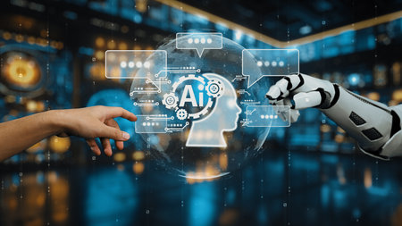 A human hand and a robotic arm approach a glowing AI symbol, symbolizing the collaboration between...