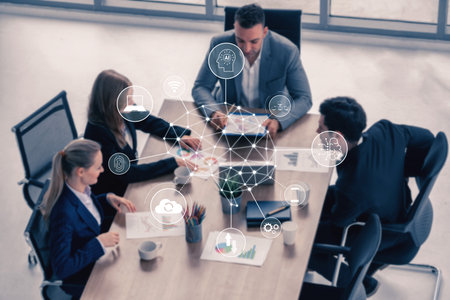A visual of artificial intelligence network connecting AI, network, and system across a structured digital platform for seamless AI communication Vouchの写真素材