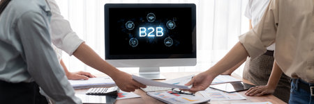 Business person navigates B2B landscape, harness technology to enhance business-to-business connections. Discover reshapes B2B interaction, driving innovation in business-to-businesses strategy. briskの写真素材