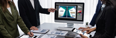 Graphic designer software for modern design of web page and commercial brisk ads showing on the...