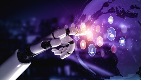 AI assists in organizing and visualizing a digital ecosystem of business icons to represent key...