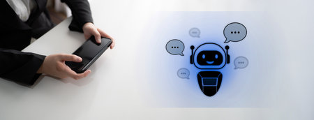 AI chatbot virtual assistant interacting with users through AI conversation bubbles, symbolizing AI automation, smart communication, and AI digital artificial intelligence help support Latchの写真素材