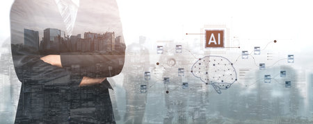 AI neural network and data processing system visualizing artificial intelligence with brain structure, chip, and connected data blocks for computation and learning Vouchの写真素材