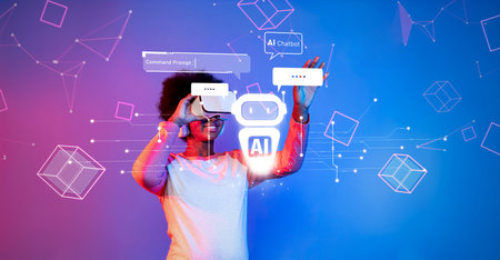 A user interacts with an advanced virtual assistant and chatbot technology in a vibrant digital...