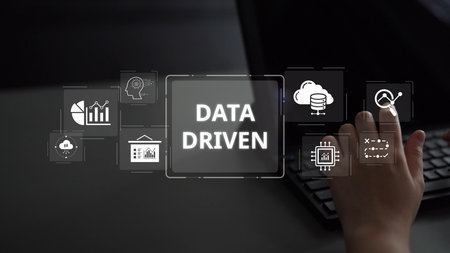 Data-driven decision-making empowers business through analytics, data collection, and AI systems. Data driven tools support cloud data processing and data visualization across platforms.の写真素材