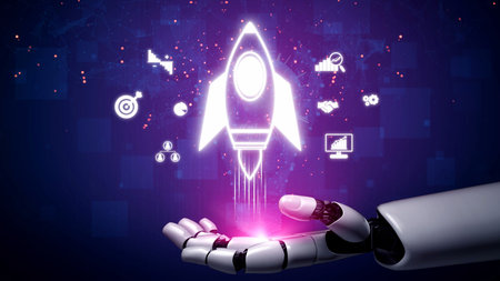 Startup launch and business growth concept, rocket symbolism, entrepreneurship, startup innovation,...