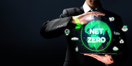 Digital globe with Net Zero surrounded by sustainability icons, representing the goal of reducing carbon emissions and achieving environmental balance EIDEの写真素材