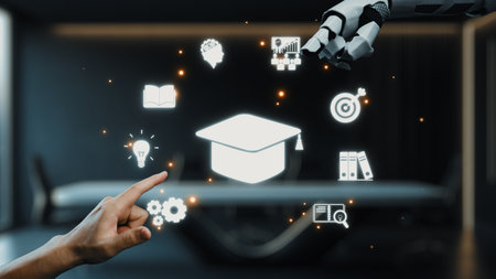 A captivating image showcasing a robotic arm interacting with digital education icons, symbolizing the fusion of technology and learning in modern educational settings.の写真素材