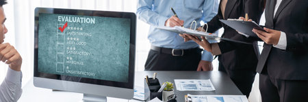 Business intelligence and data analysis concept. Analyst team working on financial data analysis dashboard on laptop screen as marketing indication for effective business strategic planning. Insightの写真素材