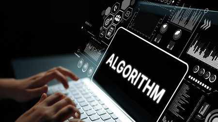 Hands Typing on Laptop with Algorithm and Data Visualization Graphics for Technology and Digital...