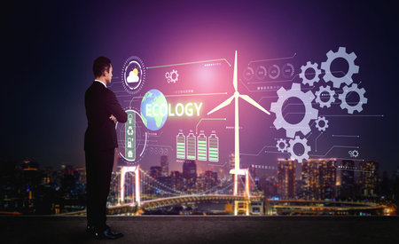 Sustainable business uses eco-innovation, climate action, and long-term strategies to meet environmental goals and promote corporate responsibility. Vouchの写真素材