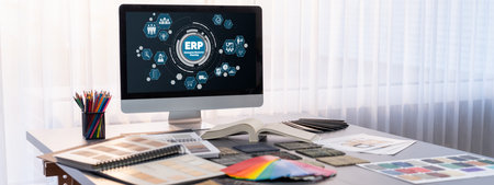 Interior designer workspace table and architecture software on laptop screen with mood board materials and colorful swatch color for color selection. Modern interior design office. Insightの写真素材