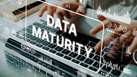Conceptual representation of data maturity with digital interfaces and analytical graphics showcasing progress in data management. Asymptotic smart data analytic.の写真素材