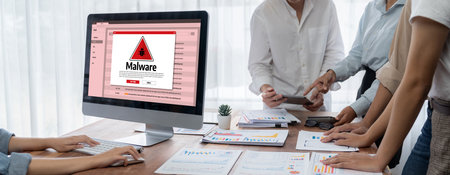 Cyber attacking concept. Malware alert showing on computer screen display scam and threat detection...