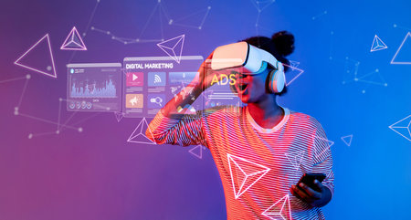 A dynamic woman engages with virtual reality technology to explore innovative digital marketing and...