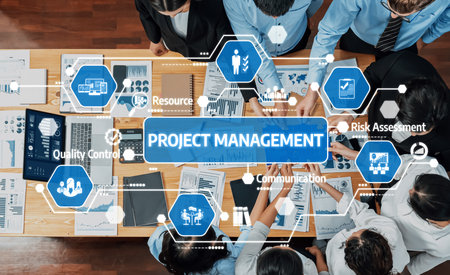 A dynamic overview of project management displayed through teamwork and digital tools, showcasing...