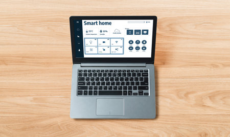 Smart home technology, centric remote control system with digital dashboard for air conditioning, safety security network or house automation. App software, ui panel programming IOT monitor snuglyの写真素材