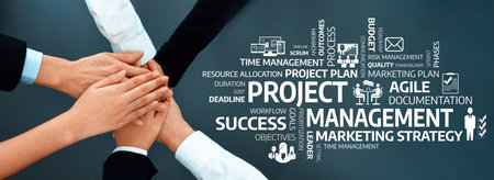 A visual representation showcasing collaborative efforts in project management, highlighting key concepts such as planning, objectives, and team strategies to ensure successful workflows.の写真素材