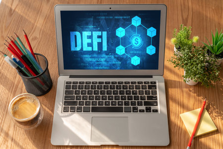 Decentralized finance or DeFi concept on modish computer screen . The defi system give new choice of investment and money saving .の写真素材