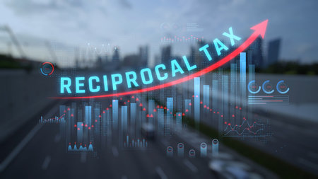 Concept of Reciprocal Tax and Tariffs with Graphs Indicating Economic Trends and Financial Growth in Urban Infrastructure. Consignment.の写真素材