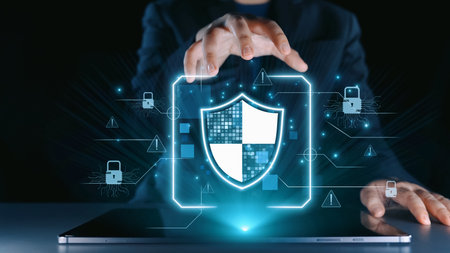 Modern Cybersecurity Concept with Digital Shield, Laptop, and Security Icons Representing Data...