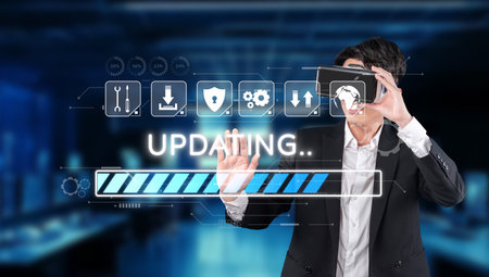 A professional wearing a VR headset interacts with a modern digital interface displaying an updating...
