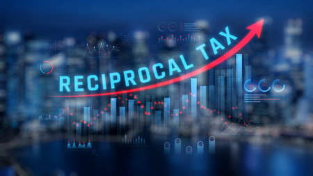 Dynamic Visualization of Reciprocal Tax Trends with Charts and Graphs Over City Skyline in Nighttime Setting. Consignment.の写真素材