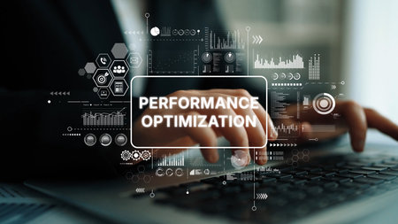 Close-up of Hands Typing on Laptop with Performance Optimization Graphic and Data Metrics Overlay. Asymptotic smart data analytic.の写真素材