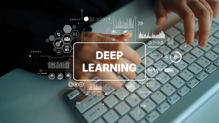 Hands Typing on Keyboard with Deep Learning Concept Graphics and Data Visualizations Floating Around. Asymptotic smart data analytic.の写真素材