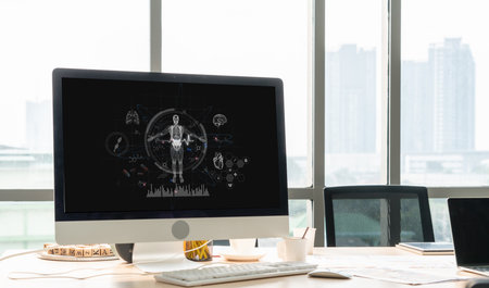 Medical science technology and futuristic healthcare virtual computer software analyze human health and diagnose disease for doctor data and medical research. briskの写真素材
