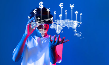 A creative representation of global currency exchange showcasing financial symbols and a digital map, emphasizing modern forex trading and international transactions.の写真素材