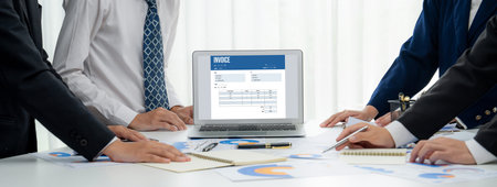 Invoice on computer screen from accounting application. Computer program for financial and budget of corporate business. brisk.の写真素材