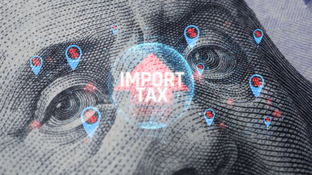Digital Concept of Import Tax with Icons and a Graphic Representation on Currency Background Illustrating Economic Tariffs and Financial Impact. Consignment.の写真素材