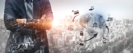 Worldwide digital payment network showing secure financial transactions. Digital payment supports transfer, digital payment ensures security, boosts convenience, drives global finance. Vouchの写真素材