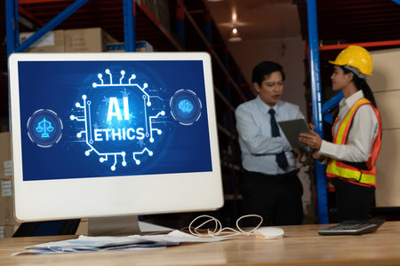 AI ethics responsibility standard law and rules on computer screen provide report of AI ethic transparency preventing technology crime. briskの写真素材