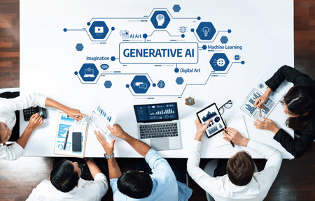 A diverse team engages in a dynamic discussion about generative AI and digital art within a modern...