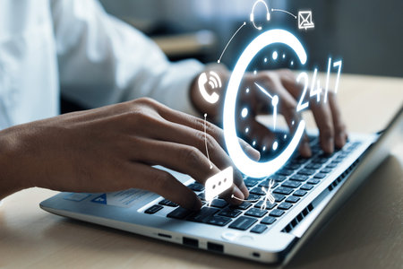 Customer support working 24 hours for customer EIDE care, online help desk and call center provide technical information to customersの写真素材