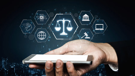 Futuristic digital law interface displaying justice scale, highlighting digital law, AI compliance, digital law systems, and digital law regulations for secure governance.の写真素材