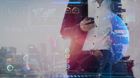High-tech global network connection interface showing worldwide digital communication, data...